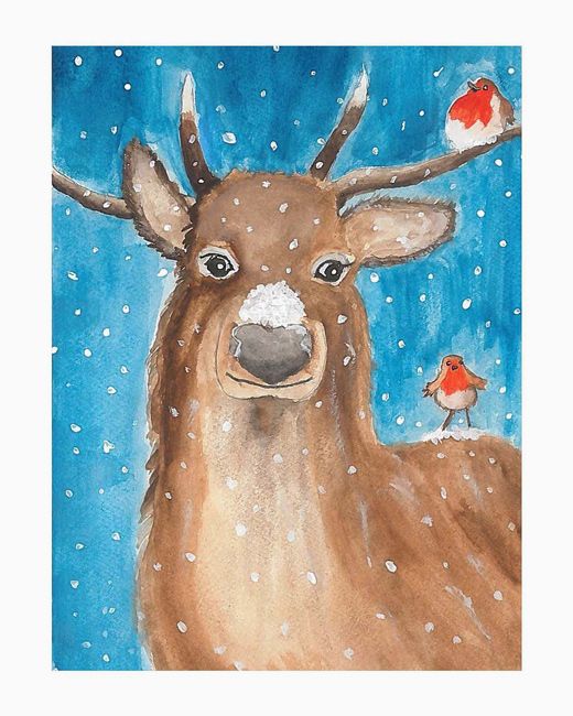 a childs watercolour painting of a reindeer and two robs perched on top of it as snowflakes fall and land on its nose against a sky blue background