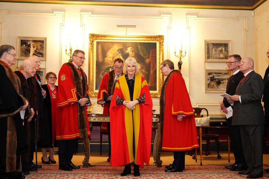 Queen Camilla is installed as an Honorary Liveryman of the Worshipful Company of Fan Makers during a ceremony at Clarence House