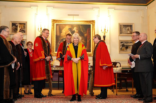 Queen Camilla is installed as an Honorary Liveryman of the Worshipful Company of Fan Makers during a ceremony at Clarence House