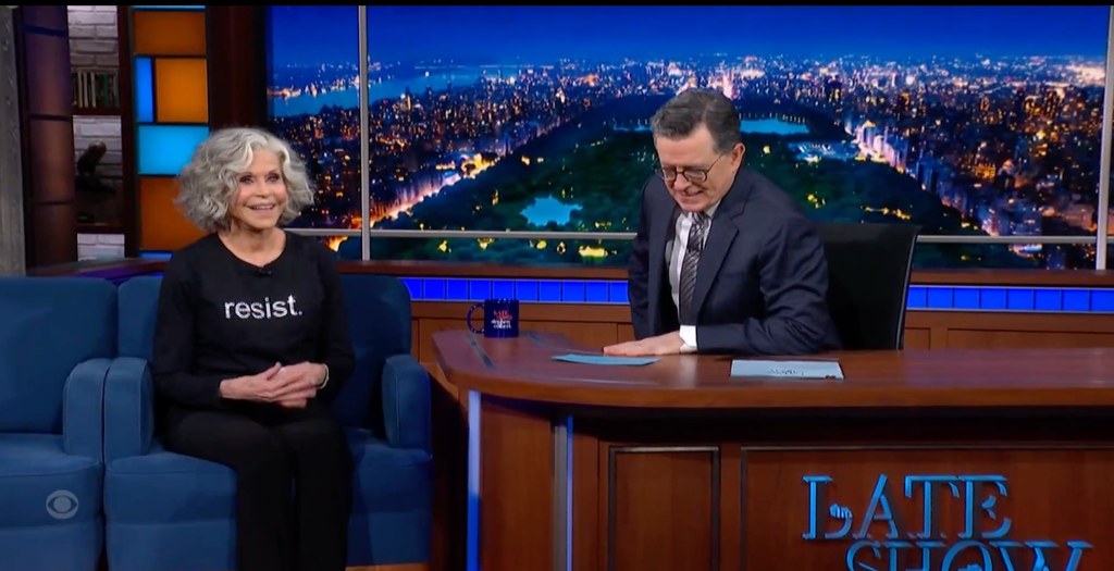 jane fonda resist shirt stephen colbert