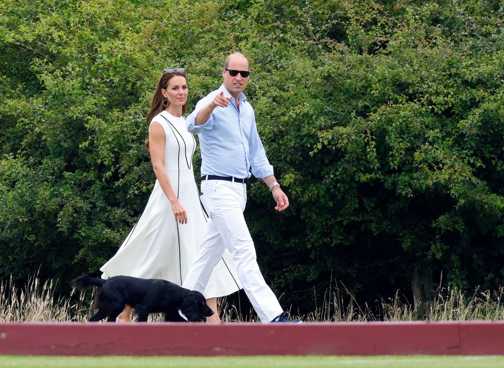 Catherine, Duchess of Cambridge and Prince William, Duke of Cambridge, with their dog 'Orla', attend the Out-Sourcing Inc. Royal Charity Polo Cup at Guards Polo Club, Flemish Farm on July 6, 2022
