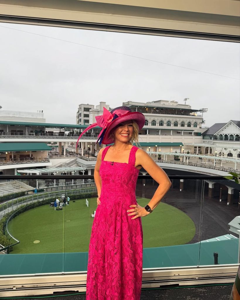 dylan dreyer in a pink dress and pink hat 