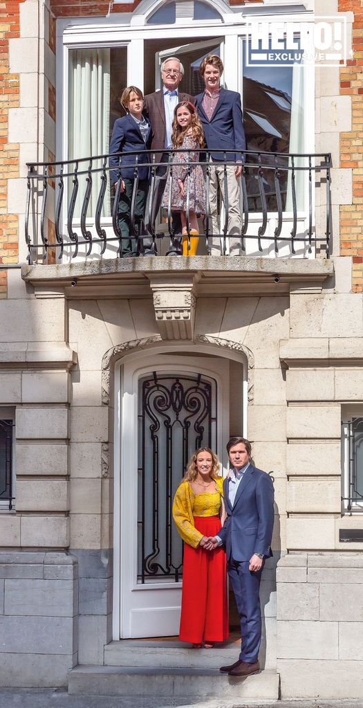 Victoria-Maria Geyer's Brussels townhouse with family posing outside and on balcony