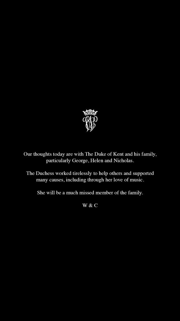 William and Kate's message for Duchess of Kent