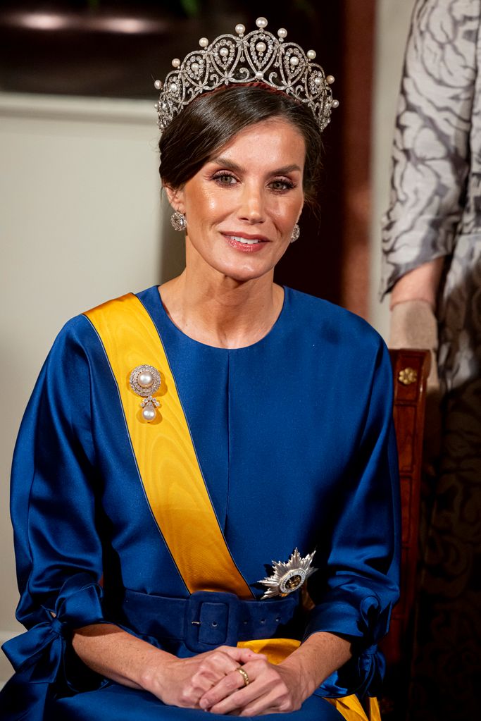 Queen Letizia of Spain  at the state banquet for the Spanish Royal couple  at the Royal Palace on April 17, 2024 in Amsterdam, Netherlands. The Spanish King and Queen are in The Netherlands for a two day state visit.(Photo by Patrick van Katwijk/Getty Images)