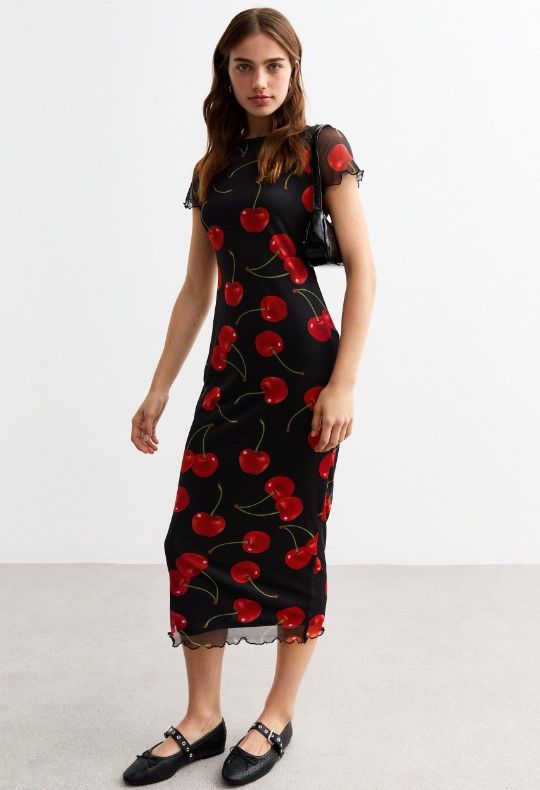 Black Cherry Print Mesh Midi Dress by New Look