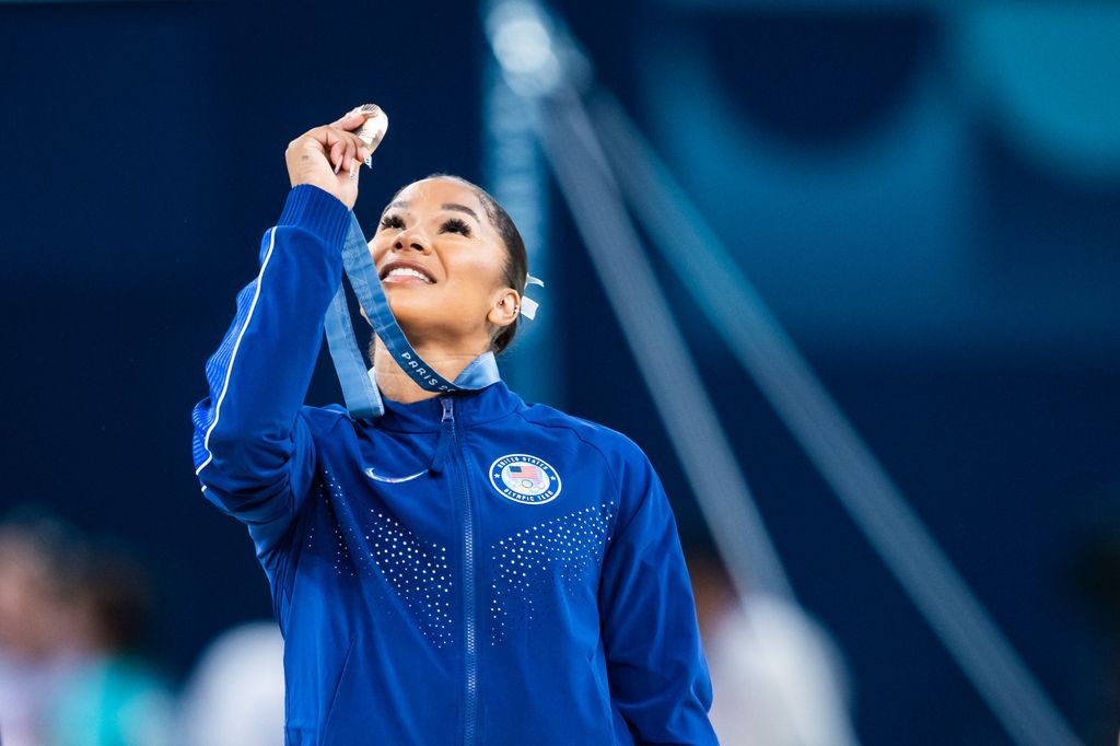 Bronze medalist Jordan Chiles of Team United States celebrates after the Artistic Gymnastics Women's Floor Exercise Final 