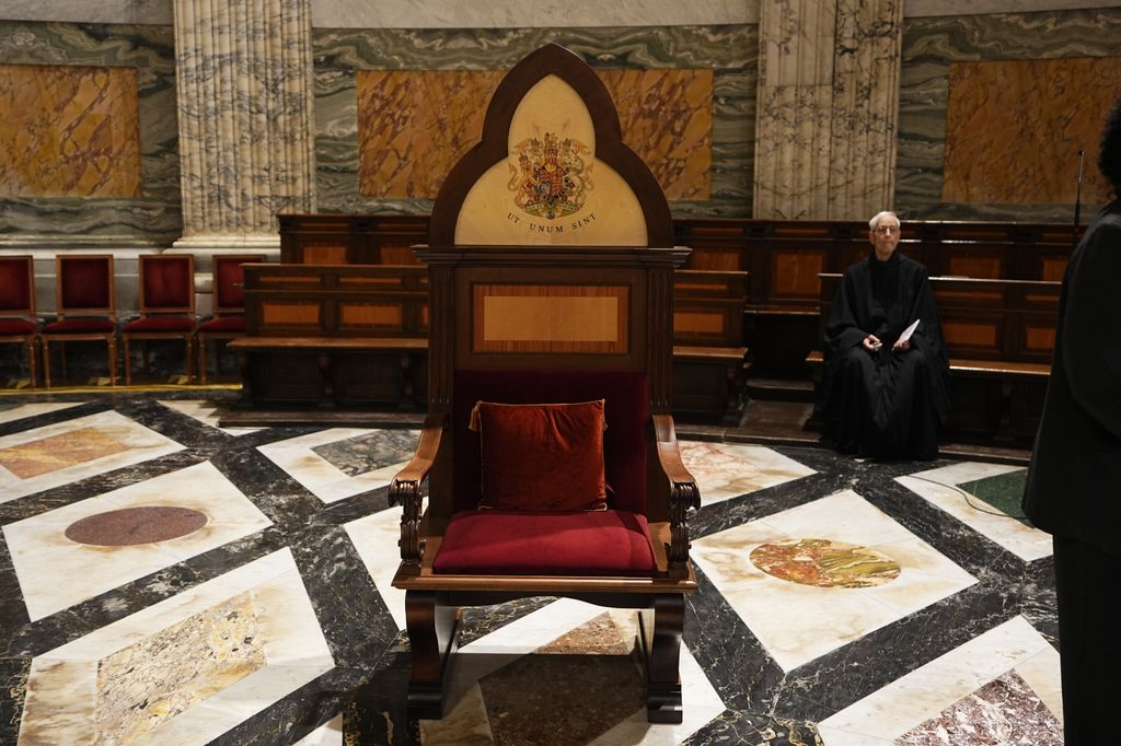 A specially created seat, displaying King Charles III's Coat of Arms, given as a gift in honour of him becoming Royal Confrater of the Abbey, which will remain at the Papal Basilica and Abbey of St Paul's Outside the Walls 