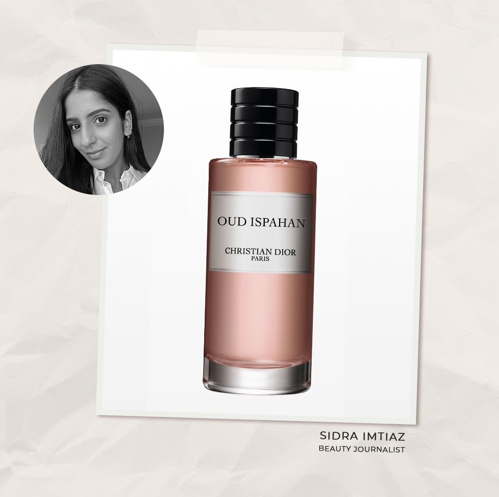 collage of sidra imtiaz and a bottle of dior perfume 