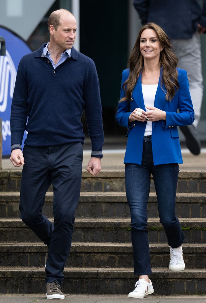 Prince William, Prince of Wales and Catherine, Princess of Wales during their visit to SportsAid at Bisham Abbey National Sports Centre to mark World Mental Health Day on October 12, 2023 in Marlow, England. Prince and Princess of Wales are carrying out engagements across the UK to mark World Mental Health Day and to highlight the importance of mental wellbeing, particularly in young people. (Photo by Samir Hussein/WireImage)