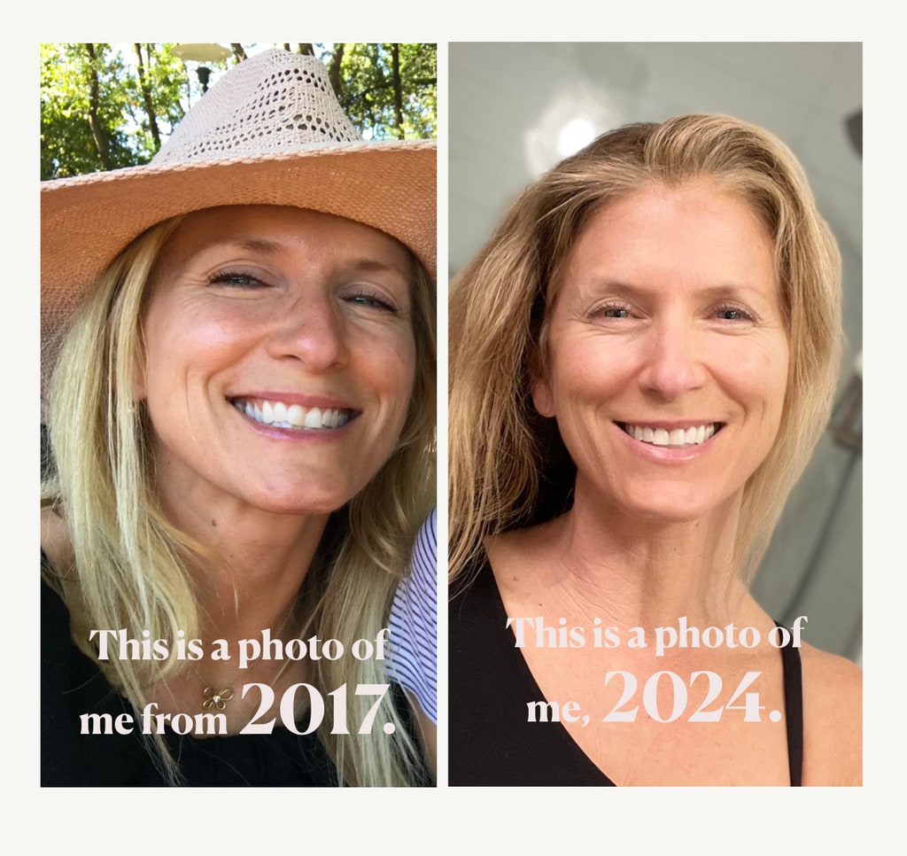 Side by side photo a woman taken in 2017 and 2024 showing how little she has aged 