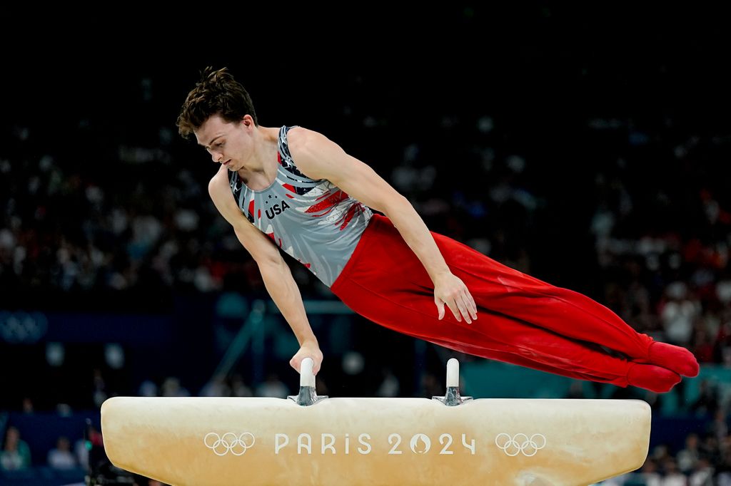 Stephen Nedoroscik of United States on Pommel Horse during the Men's Artistic Gymnastics Team Final on day three of the Olympic Games Paris 2024 at Bercy Arena on July 29, 2024 in Paris, France