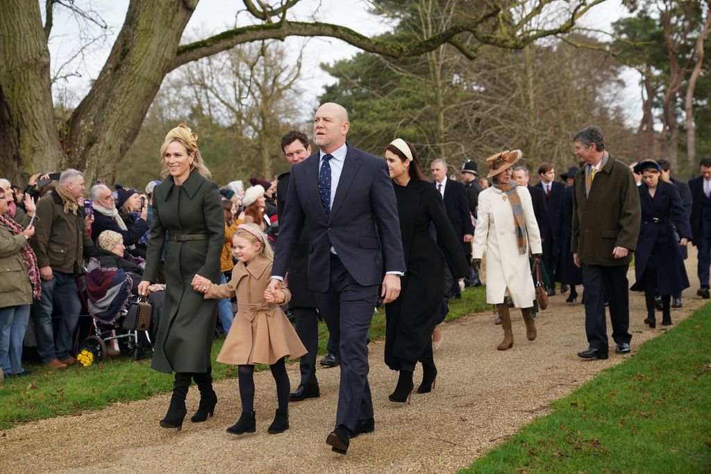  Zara Tindall, Lena Tindall, Jack Brooksbank (hidden), Mike Tindall, Princess Eugenie, the Princess Royal and Vice Admiral Sir Tim Laurence attending the Christmas Day morning church service at St Mary Magdalene Church in Sandringham, Norfolk