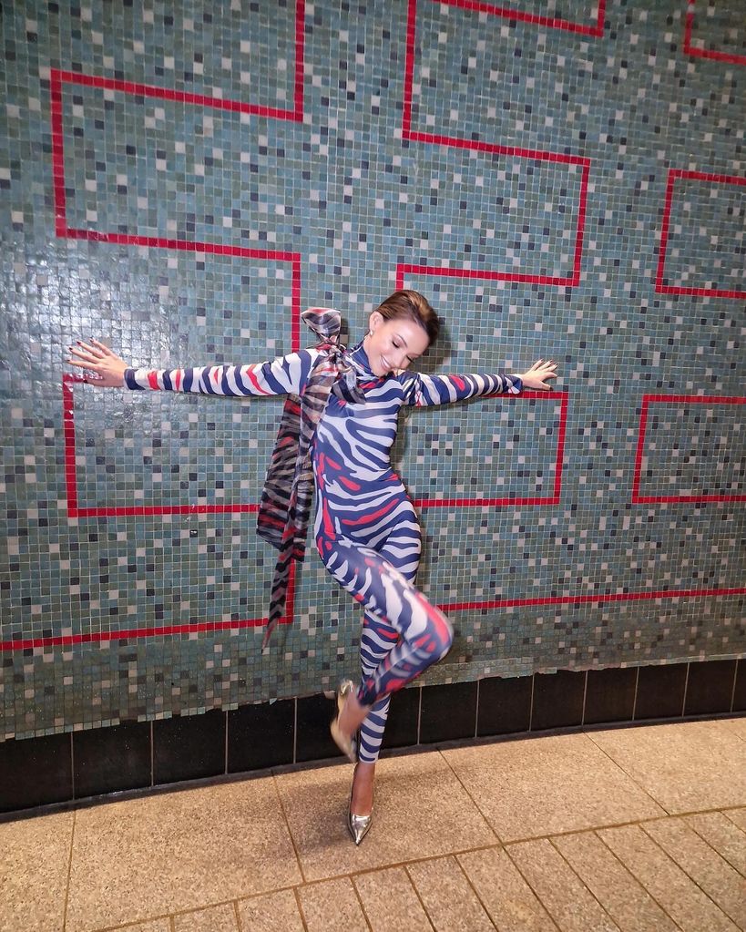 Michelle Keegan wearing bold striped catsuit on Instagram