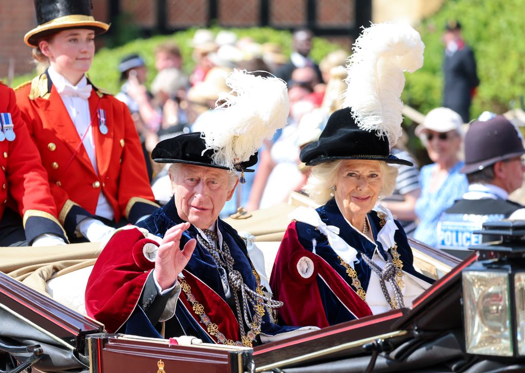 King Charles and Queen Camilla depart the Order of the Garter service at St. George's Chapel
