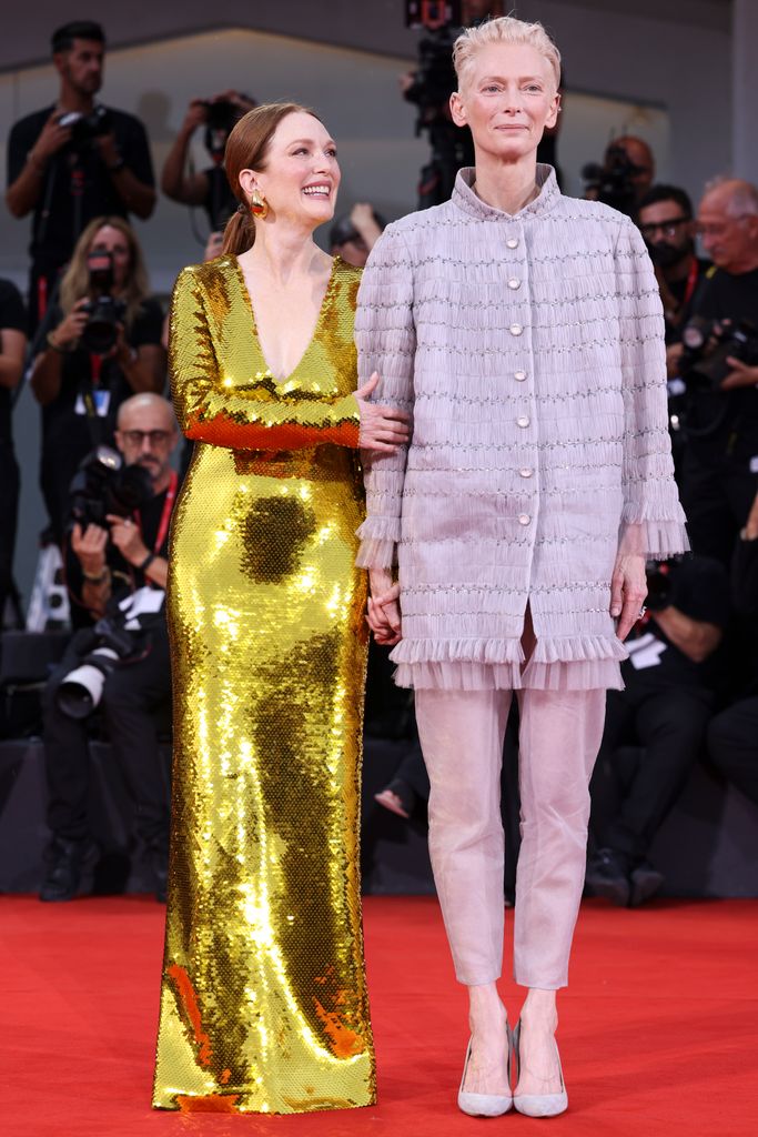 Julianne Moore and Tilda Swinton attend the "The Room Next Door" red carpet during the 81st Venice International Film Festival on September 02, 2024 in Venice, Italy