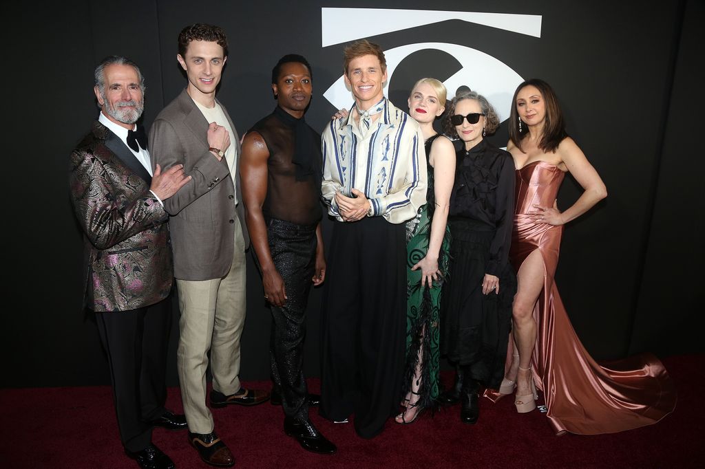 Steven Skybell, Henry Gottfried, Ato Blankson-Wood, Gayle Rankin, Eddie Redmayne, Bebe Neuwirth and Natascia Diaz pose at the opening night of "Cabaret" on Broadway at The Kit Kat Club at The August Wilson Theatre on April 21, 2024 in New York City.