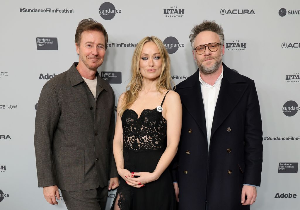 Olivia with co-stars Edward Norton and Seth Rogen 