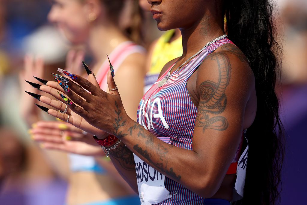 A detailed view of Sha'carri Richardson's nails during the Women's 100m Round 1 on day seven of the Olympic Games 