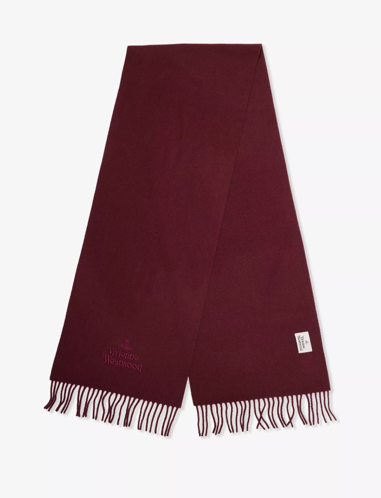 Brand-Embroidered Fringed Wool Scarf vivienne westwood
