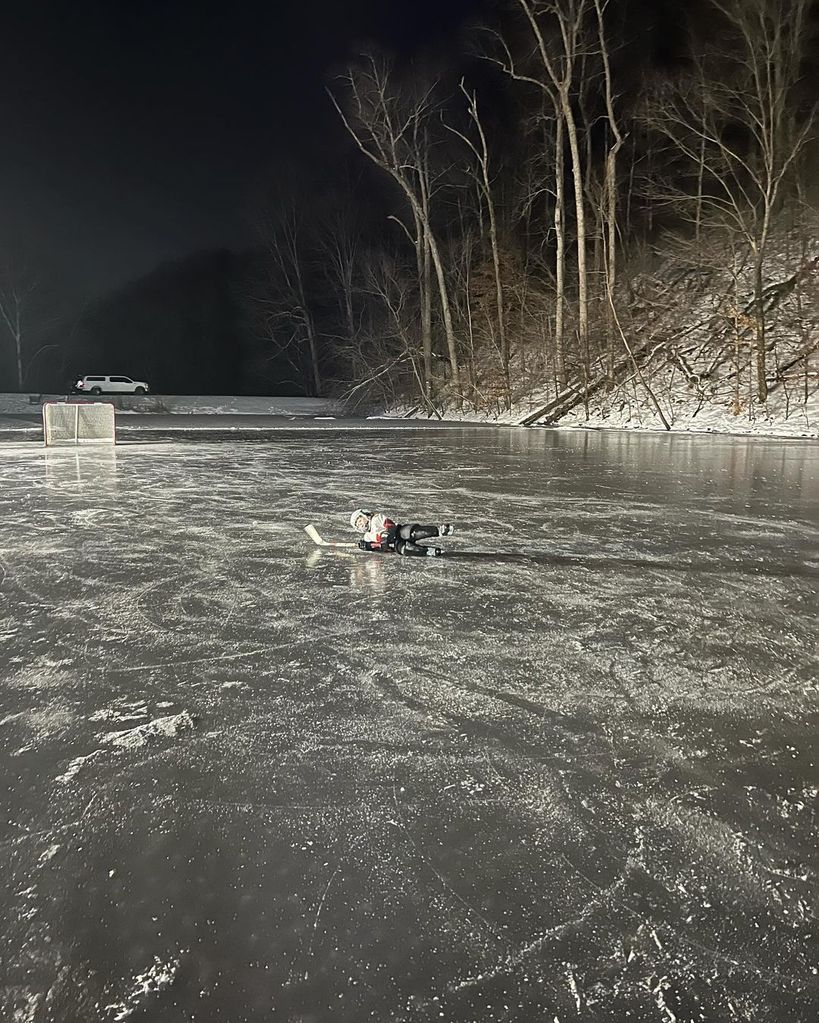 Carrie Underwood's son Jacob ice skating on their frozen lake