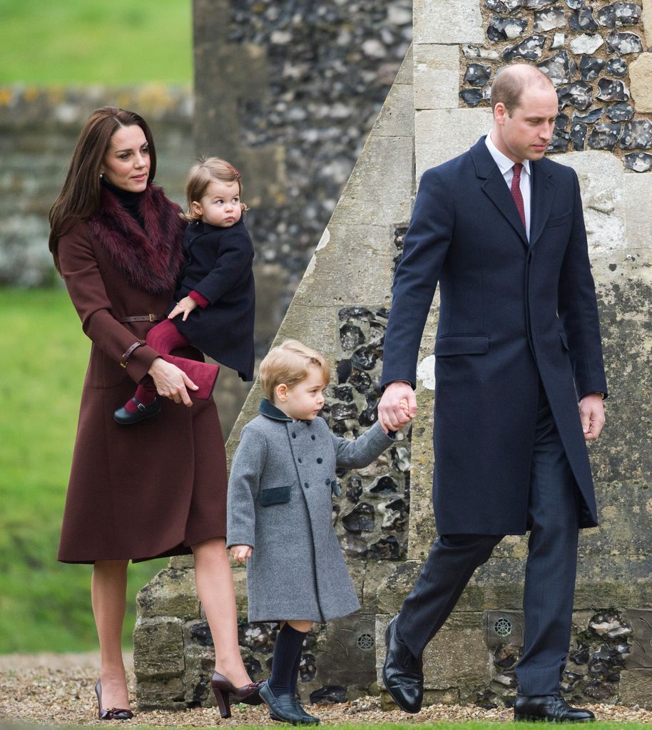 Prince William, Catherin, Prince George of Cambridge and Princess Charlotte approaching church