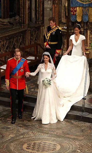 Prince Harry walks behind Prince William and Kate Middleton at their royal wedding in 2011