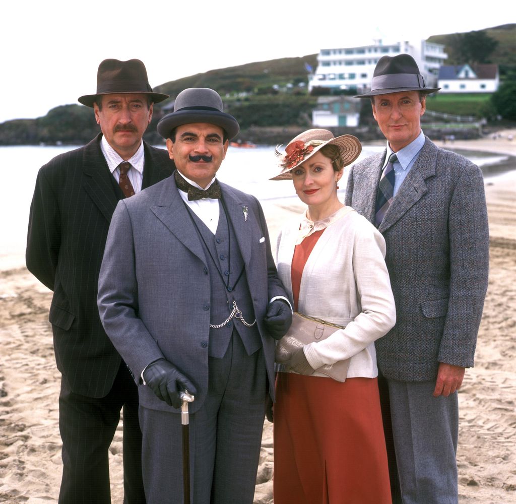 Philip Jackson as Chief Inspector Japp, David Suchet as Hercule Poirot, Pauline Moran as Miss Lemon and Hugh Fraser as Captain Hastings
'Agatha Christie - Poirot - Evil Under the Sun' TV Programme. - 2001