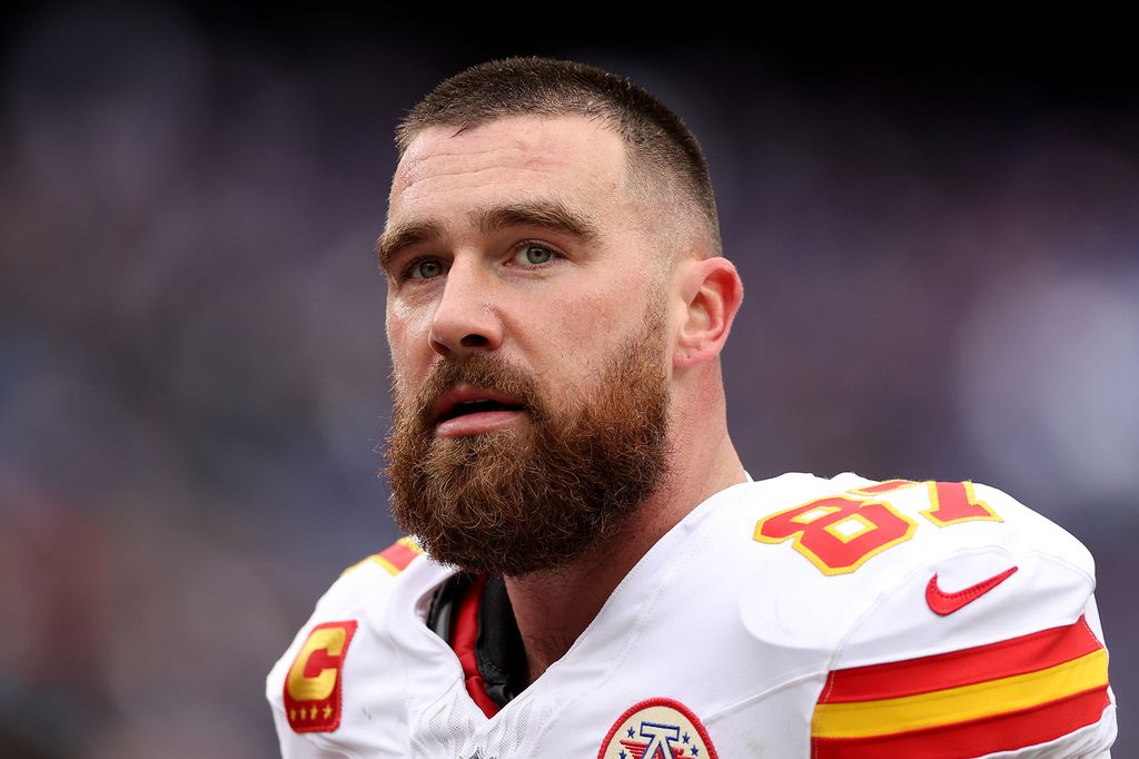 Travis Kelce #87 of the Kansas City Chiefs warms up prior to the AFC Championship Game against the Baltimore Ravens at M&T Bank Stadium on January 28, 2024 in Baltimore, Maryland