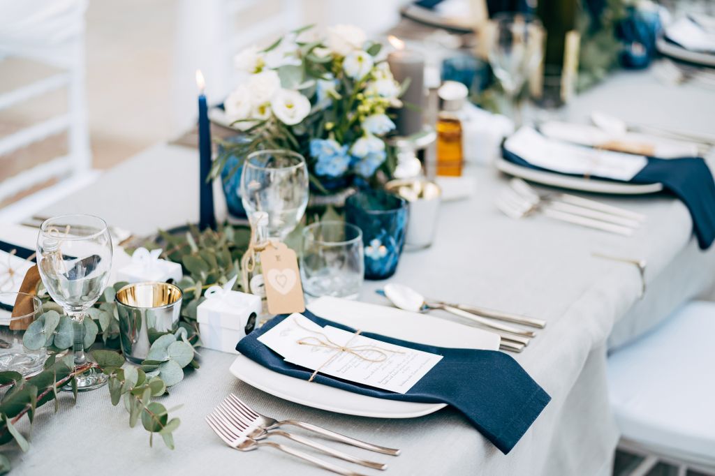 A wedding reception table decoration
