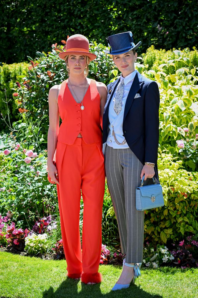 Fiona Andrew (R) and a guest attend the 3rd day of Royal Ascot at Ascot Racecourse on June 20, 2024 in Ascot, England.  (Photo by Kirstin Sinclair/Getty Images for Ascot Racecourse)
