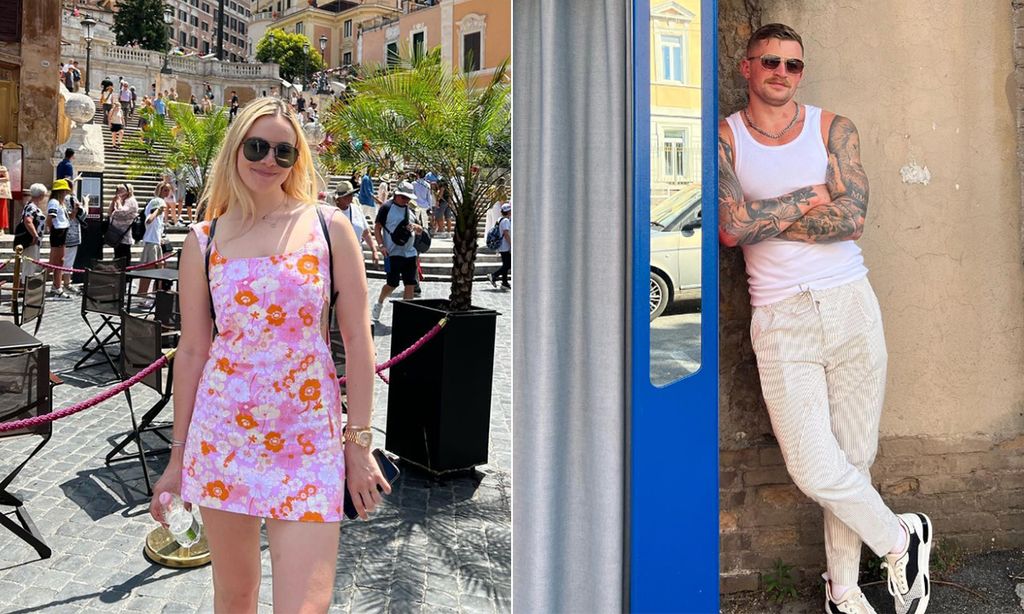 Split image of Holly Ramsay in a pink floral dress and Adam Peaty in a white tank top and cream trousers leaning against a booth