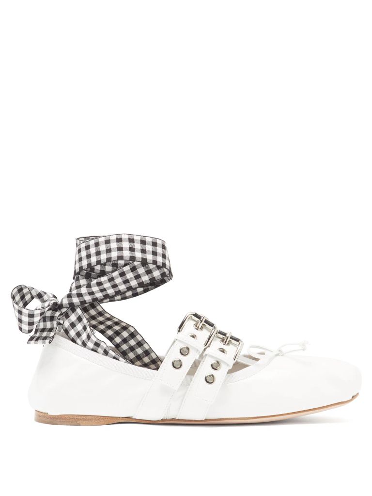 White Ribbon Strap Buckled Patent-Leather Ballet Flats
