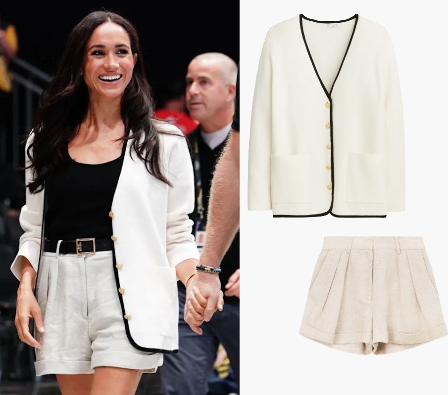 meghan markle style invictus games 2023 j crew white sweater with black and staud shorts