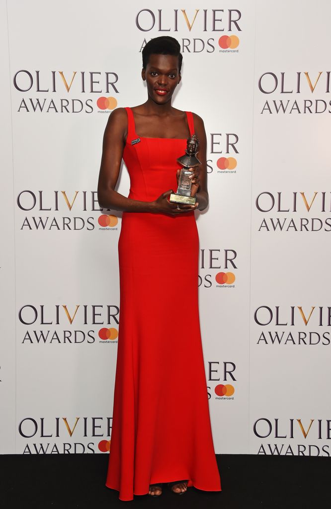 Sheila Atim, winner of the Best Supporting Actress In A Musical award for "Girl From The North Country", poses in the press room during The Olivier Awards with Mastercard at Royal Albert Hall on April 8, 2018 