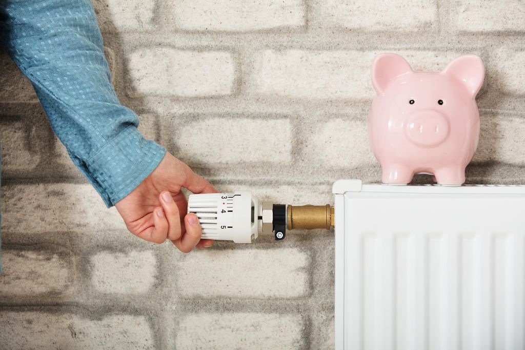 Woman's Hand Adjusting Temperature Of Radiator With Piggy Bank