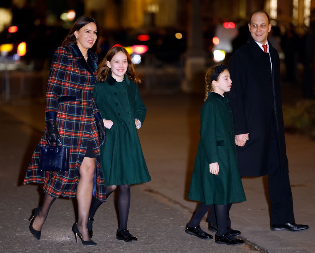 Sophie Winkleman, Lady Frederick Windsor, Maud Windsor, Isabella Windsor and Lord Frederick Windsor walking