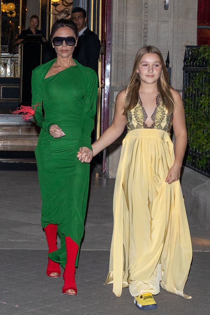 Victoria Beckham and daughter Harper Beckham are seen on September 30, 2022 in Paris, France. (Photo by Marc Piasecki/GC Images)