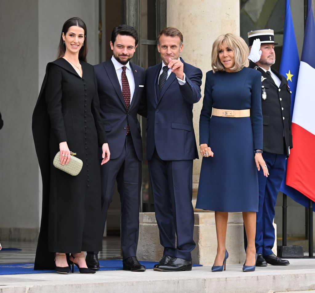Princess Rajwa outside the Elysee Palace in Paris with French President Emmanuel Macron (2nd R), French first lady Brigitte Macron (R), Hussein (2nd L), Crown Prince of Jordan 