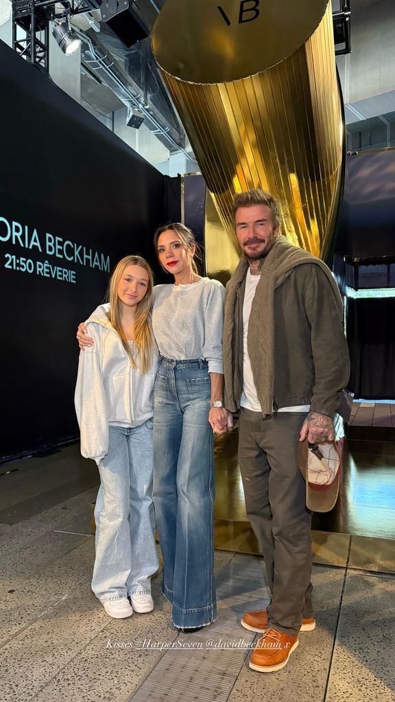 Harper and Victoria beckham in slouchy jeans with david beckhamI