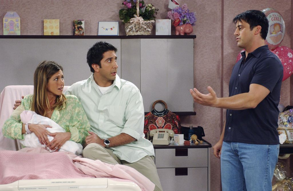 Jennifer Aniston as Rachel Green, David Schwimmer as Ross Geller, Matt LeBlanc as Joey Tribbiani on Friends in 2002
