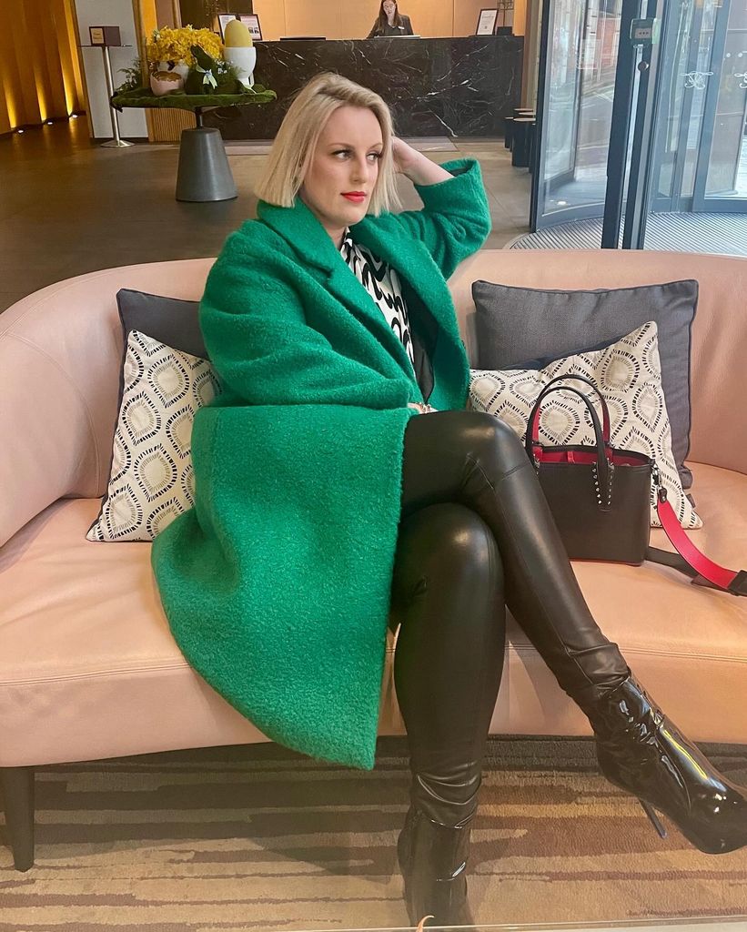 Steph McGovern weather pleather trousers and a bright green coat