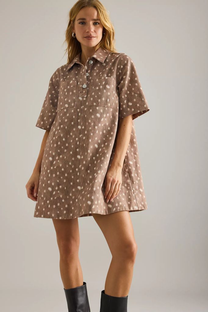 By Anthropologie Deer Print Denim Mini Dress
