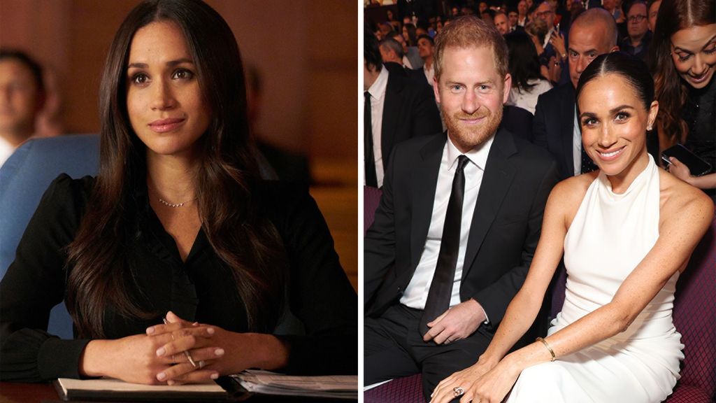 Meghan Markle as Rachel Zane, then the actress sits with husband Prince Harry