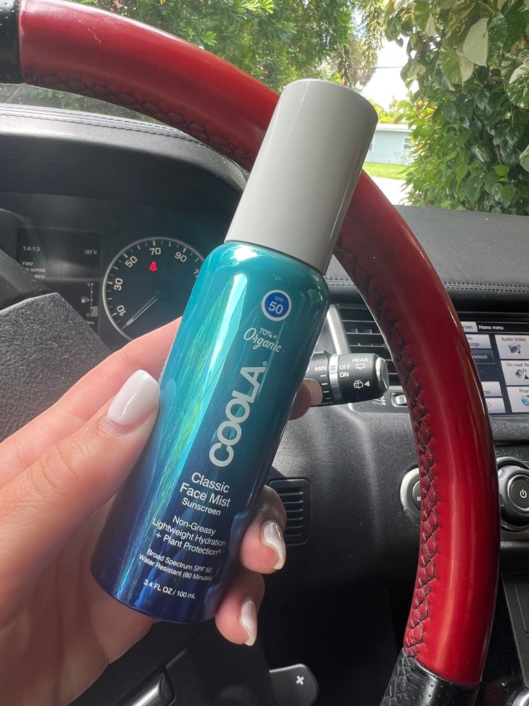 Donna keeps this Coola Face Mist in her car for on-the-go protection