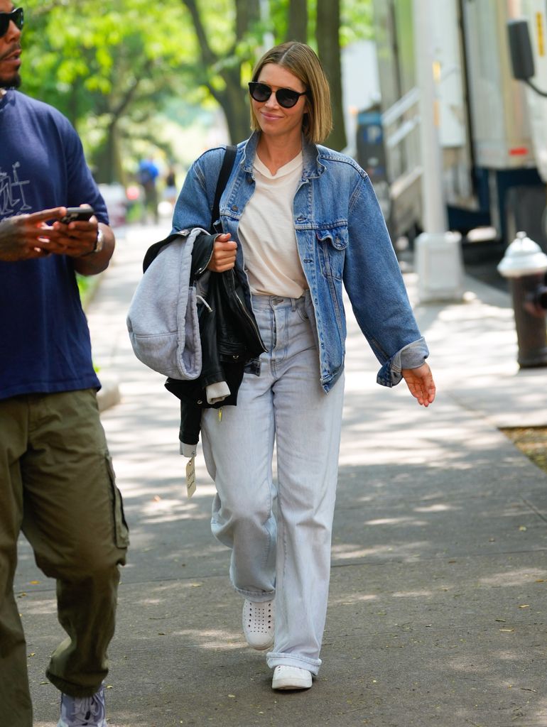 Jessica Biel walking in double denim