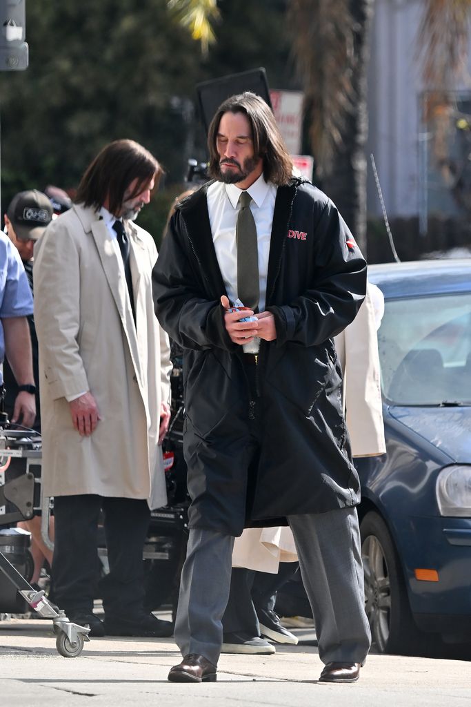 Keanu Reeves is seen on the set of 'Good Fortune' on February 29, 2024 in Los Angeles, California.