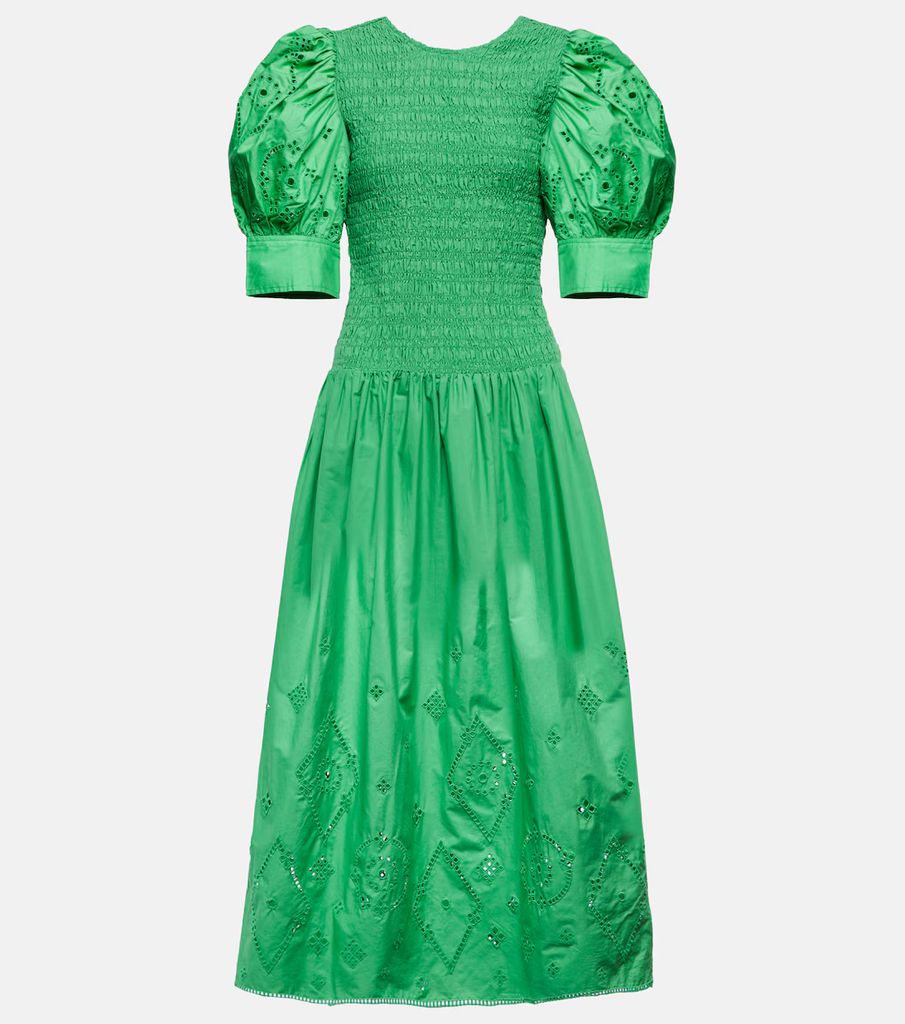bright green maxi dress with puff sleeves