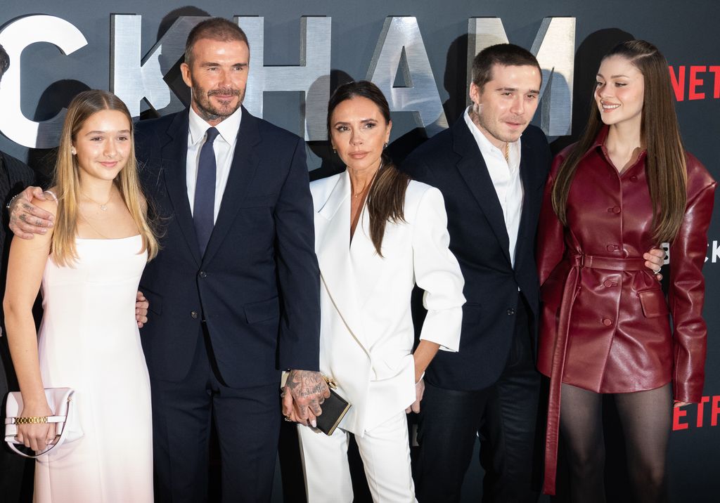 Harper Beckham, David Beckham, Victoria Beckham, Brooklyn Beckham and Nicola Peltz on red carpet