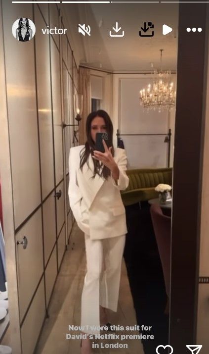 Victoria Beckham wearing a white suit on Instagram Stories